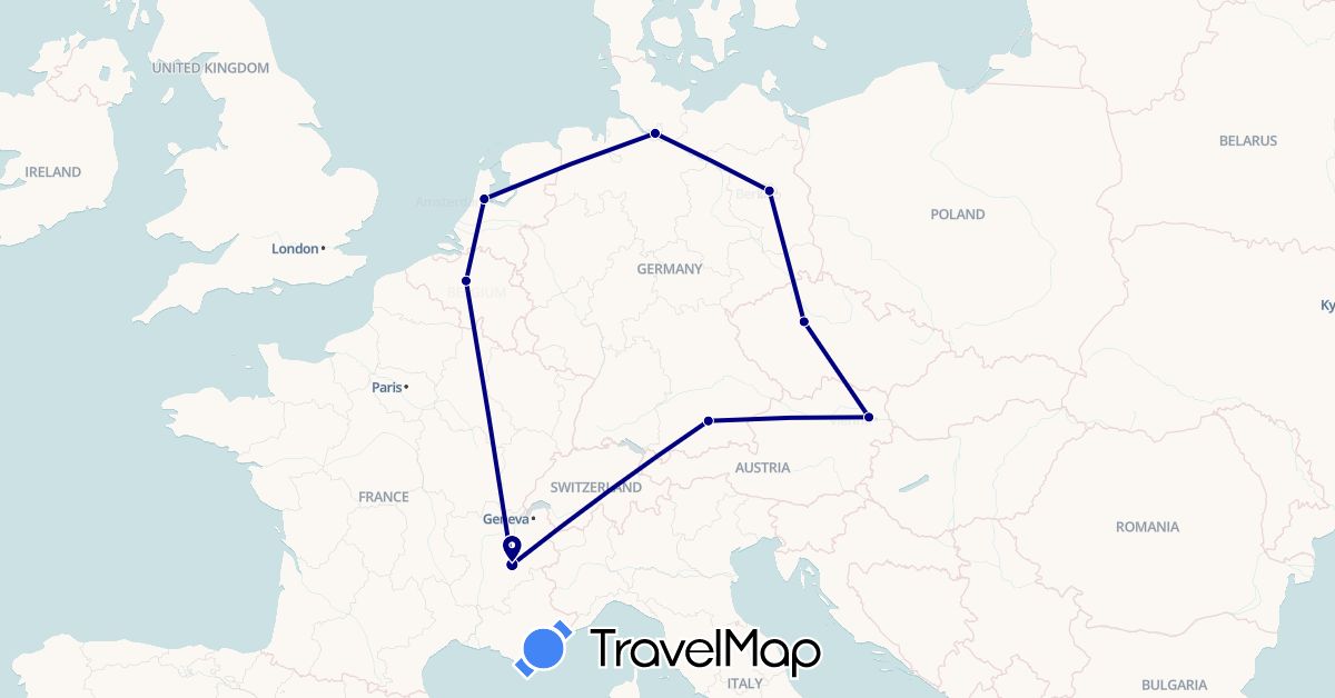 TravelMap itinerary: driving in Austria, Belgium, Czech Republic, Germany, France, Netherlands (Europe)